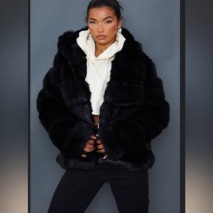 Pretty little thing black fur coat with hood size S